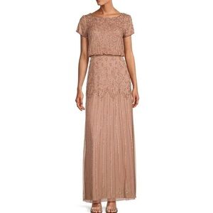 Adrianna Papell Round Neck Short  Sleeve Beaded Blouson Gown NEW